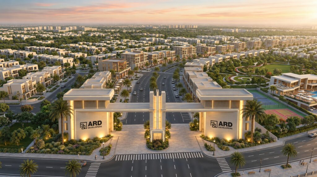 Aerial view of an ARD Developers community at sunset, with the branded entrance in the foreground.